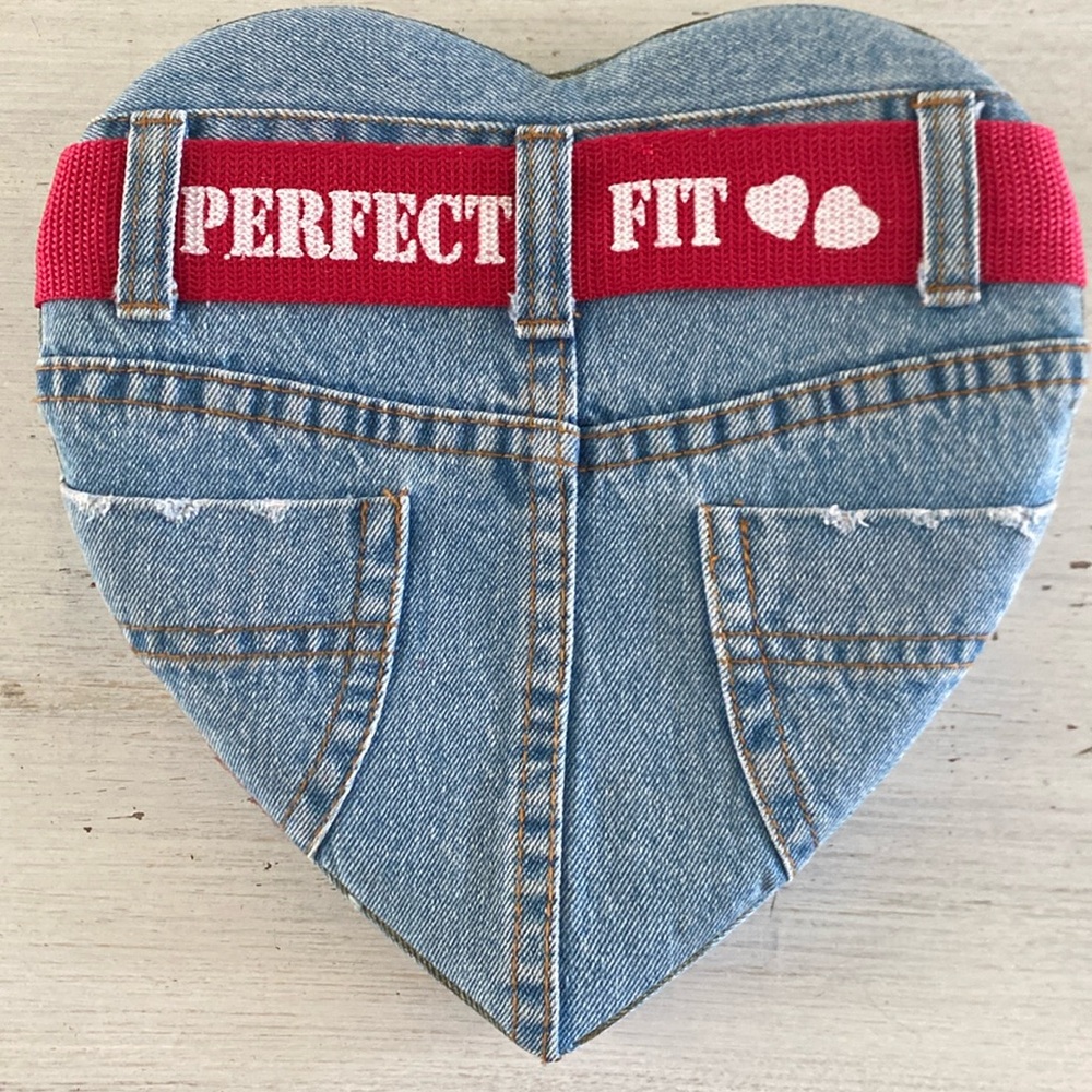 Denim Heart-Shaped Valentine’s Candy Box with ‘Perfect Fit’ text on Red Belt